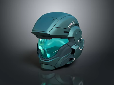 Sleek Futuristic UNSC Helmet in Teal Color with Transparent Visor and Modern Design 3d model