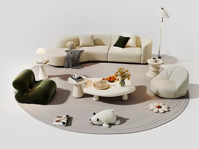 Modern Beige Sofa and White Coffee Table Combination with Green Accent Chair Floor Lamp and Rug 3d model