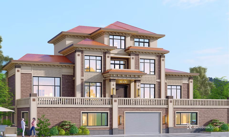 Single Family Villa With Red Roof Large Windows Balcony Garage And Greenery 3d model 