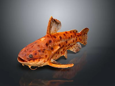 Orange Spotted Fish with Large Head and Unique Fins on Dark Background with Reflective Surface 3d model