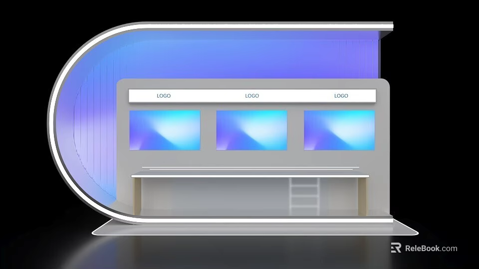 Modern Exhibition Island With Display Screens Multiple Logos And Sleek Structure Design 3d model 