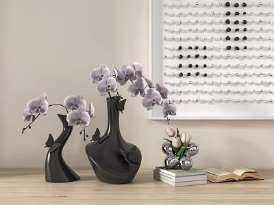 Black Vases with Purple Orchids and Pink Blooms on Wooden Table with Books and Decor 3d model