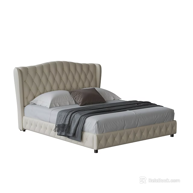 Elegant Modern Double Bed With Beige Diamond Tufted Headboard And Gray Throw Blanket 3d model