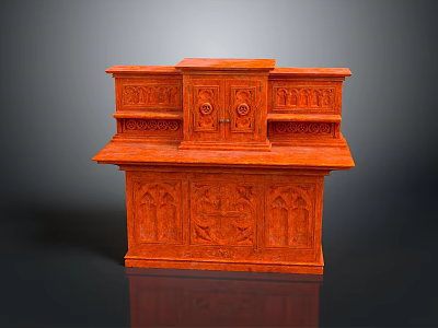Vintage Orange Two Tiered Wooden Cabinet With Intricate Carved Patterns And Traditional Design 3d model
