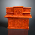 Vintage Orange Two Tiered Wooden Cabinet With Intricate Carved Patterns And Traditional Design