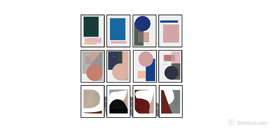 Geometric Abstract Wall Art With Various Colors And Black Frames Arranged In Grid 3d model 
