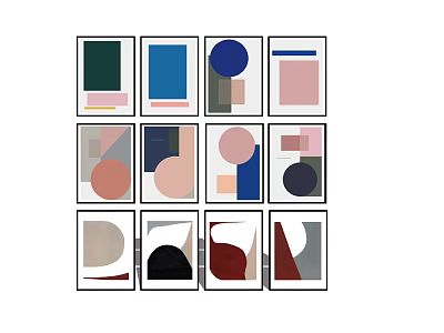 Geometric Abstract Wall Art With Various Colors And Black Frames Arranged In Grid 3d model