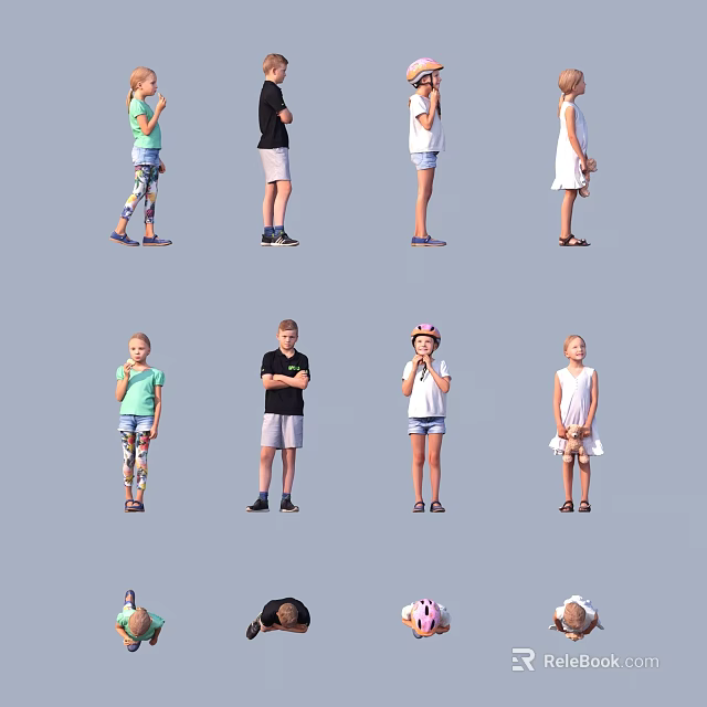 Group of Kids in Various Poses Wearing Casual Summer Outfits and Hats 3d model 