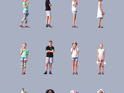 Group of Kids in Various Poses Wearing Casual Summer Outfits and Hats 3d model