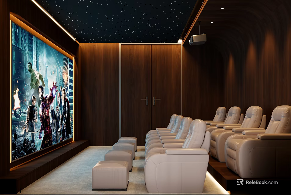 Luxury Home Theater Interior With Large Screen Comfortable Leather Seats And Starry Ceiling 3d model 