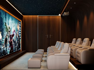 Luxury Home Theater Interior With Large Screen Comfortable Leather Seats And Starry Ceiling 3d model