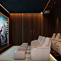 Luxury Home Theater Interior With Large Screen Comfortable Leather Seats And Starry Ceiling