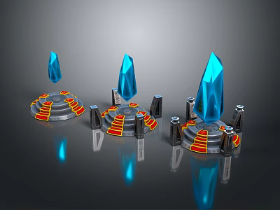 Three Crystal Pedestals With Red And Yellow Steps And Metal Decorations 3d model