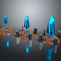 Three Crystal Pedestals With Red And Yellow Steps And Metal Decorations