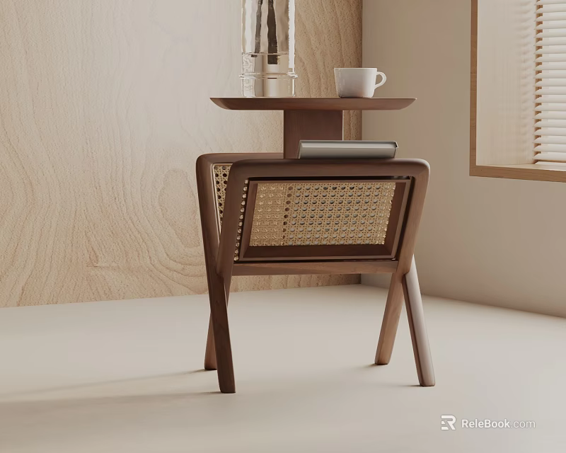 Modern Wooden Side Table With Rattan Design And White Cup Glass Bottle On Top 3d model 