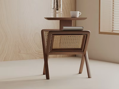 Modern Wooden Side Table With Rattan Design And White Cup Glass Bottle On Top 3d model