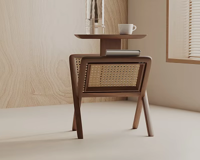 Modern Wooden Side Table With Rattan Design And White Cup Glass Bottle On Top 3d model