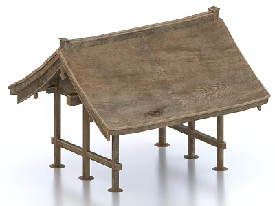 Traditional Wooden Architecture Structure With Sloped Roof And Raised Eaves Supported By Wooden Pillars 3d model
