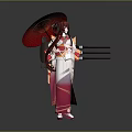 Female Character In Traditional Outfit Holding Red Umbrella With Three Swords Behind Back