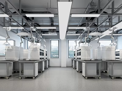 Modern Laboratory Interior Design With Open Layout Workbenches And Advanced Lab Equipment 3d model