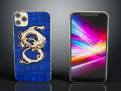 Smartphone With Gold Frame And Blue Crocodile Texture Case Featuring Golden Dragon Design 3d model