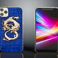 Smartphone With Gold Frame And Blue Crocodile Texture Case Featuring Golden Dragon Design