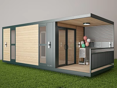 Container Restaurant With Wooden Panels Glass Doors Green Lawn Balcony Villa 4 Sign Balloons Cart 3d model