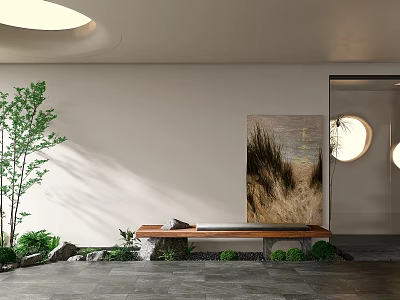 Modern Courtyard Garden Design with Green Trees Stone Decor and Wooden Bench Lighting 3d model