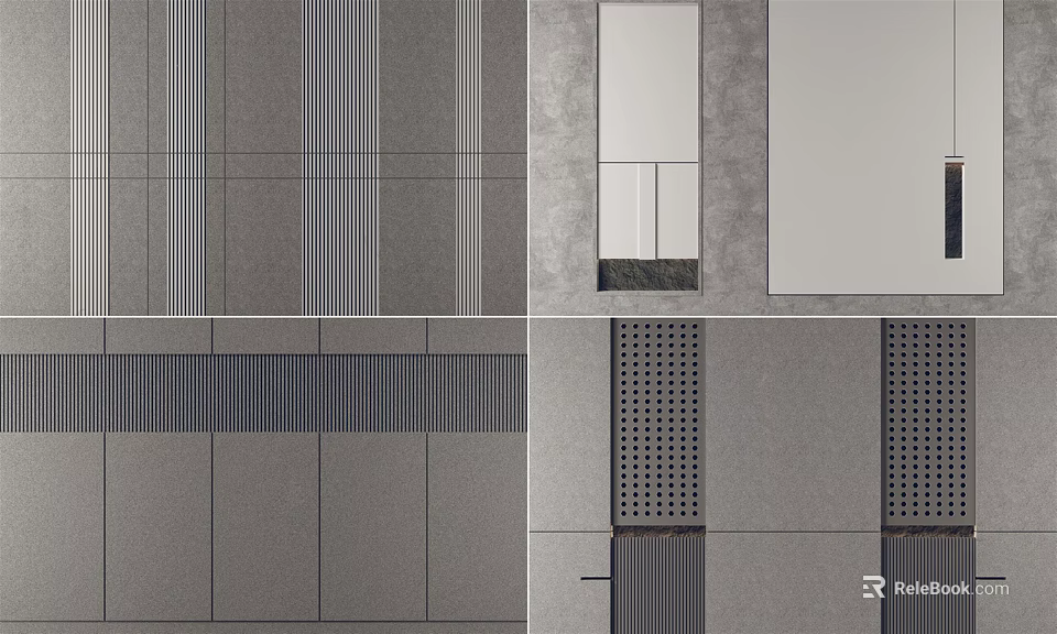 Modern Gray Textured Background Wall Design With Striped And Perforated Panels 3d model