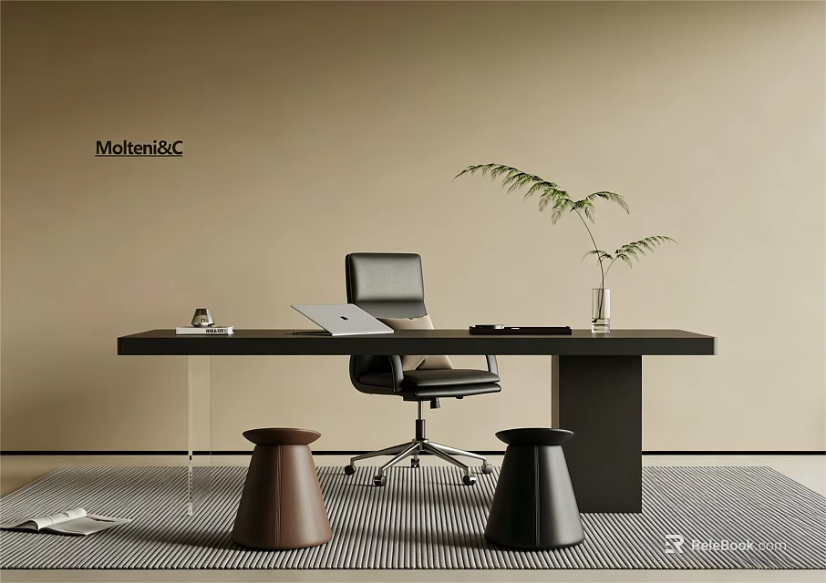 MolteniC Modern Desk Interior with Office Chair Laptop Green Plant and Stools 3d model 