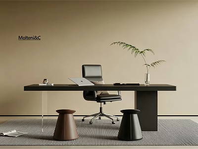 MolteniC Modern Desk Interior with Office Chair Laptop Green Plant and Stools 3d model
