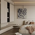 Elegant Modern Bedroom Interior With Large Bed Blanket Decorative Painting Wardrobe And Natural Light