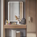 Modern Dressing Table With Mirror Cosmetics Vase White Stool And Wooden Cabinets