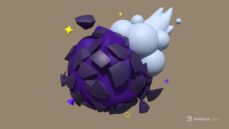 Purple Cracked Sphere Decorative Ornament Set With White Clouds Yellow Stars and Small Accents 3d model 