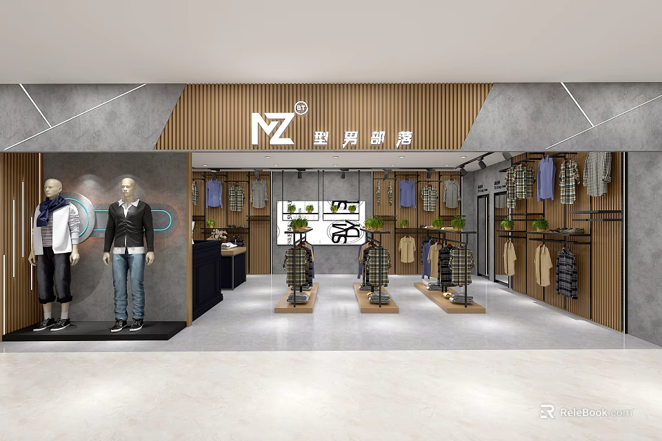 Modern Clothing Store Interior With Mannequins Hanging Clothes And Display Racks 3d model 