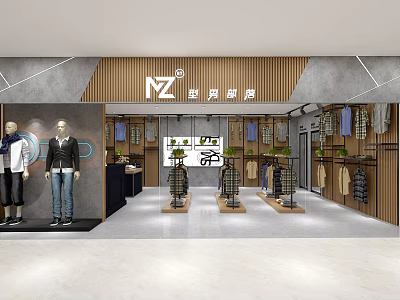 Modern Clothing Store Interior With Mannequins Hanging Clothes And Display Racks 3d model