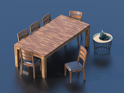 Wooden Rectangular Dining Table And Chair Set With Six Chairs And Round Side Table Decor 3d model