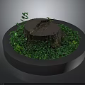 Tree Stump Decorative Display With Circular Base And Lush Green Plants