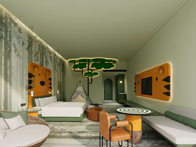 Forest Themed Kids Hotel Room With Tent Cartoon Tiger Accents And Cozy Furniture 3d model