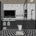 Modern Bathroom Interior With Black White Geometric Floor Double Sink Vanity And Glass Shower