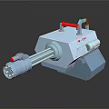 Gray Metallic Weapon Featuring Long Barrel Red Handles And LW Logo Mechanical Design