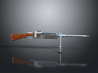 Vintage Machine Gun With Wooden Stock Metal Body And Long Barrel On Tripod Stand 3d model