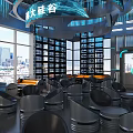 Modern Tech Style Café Interior With Blue Lighting Circular Pendant Lights Black Seats Open Space