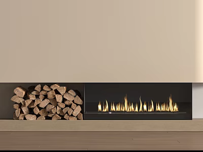 Modern Fireplace With Burning Flames And Stacked Firewood In Living Room Interior 3d model