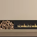 Modern Fireplace With Burning Flames And Stacked Firewood In Living Room Interior