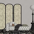 Elegant Room Interior With Three Panel Screen Tufted Sofa And Floor Lamp On Patterned Rug 3d model