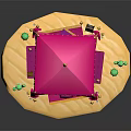 Vibrant Cartoon Scene with Pink Tent Golden Decorations Green Cacti Purple Cushions and Small Bottles