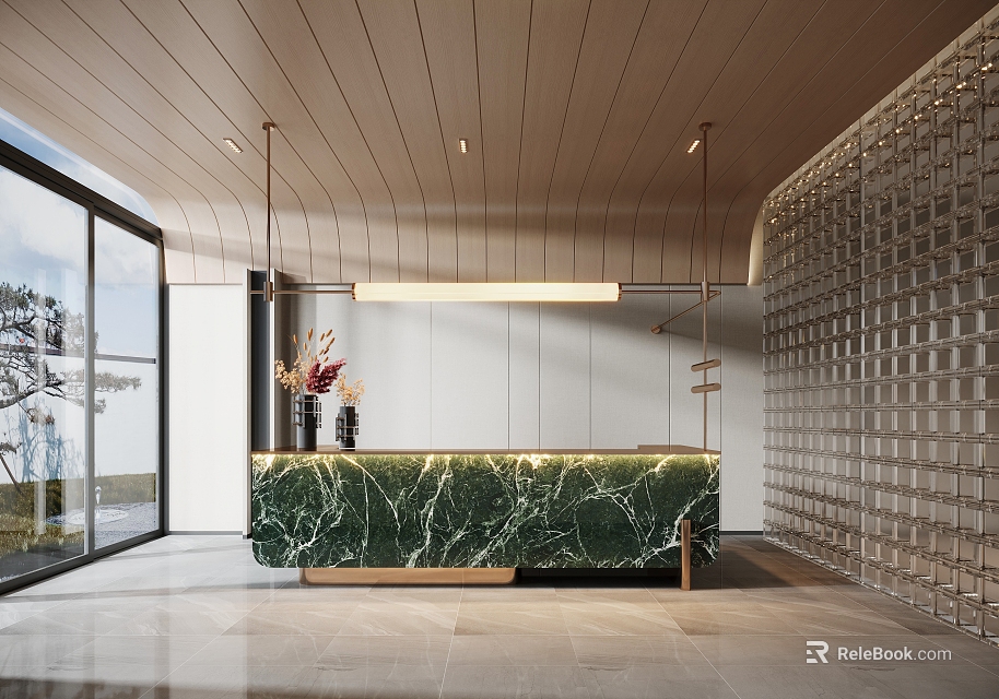 Elegant Front Desk Reception With Green Marble Counter Wooden Ceiling Large Windows And Glass Partition 3d model 