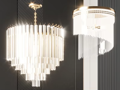 Modern Crystal Chandeliers In Two Styles With Hanging Glass Strips And Gold Bases 3d model