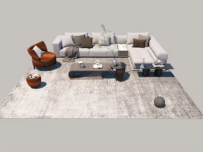 Modern L shaped White Sofa with Orange Accent Chair and Coffee Table Set on Neutral Rug 3d model